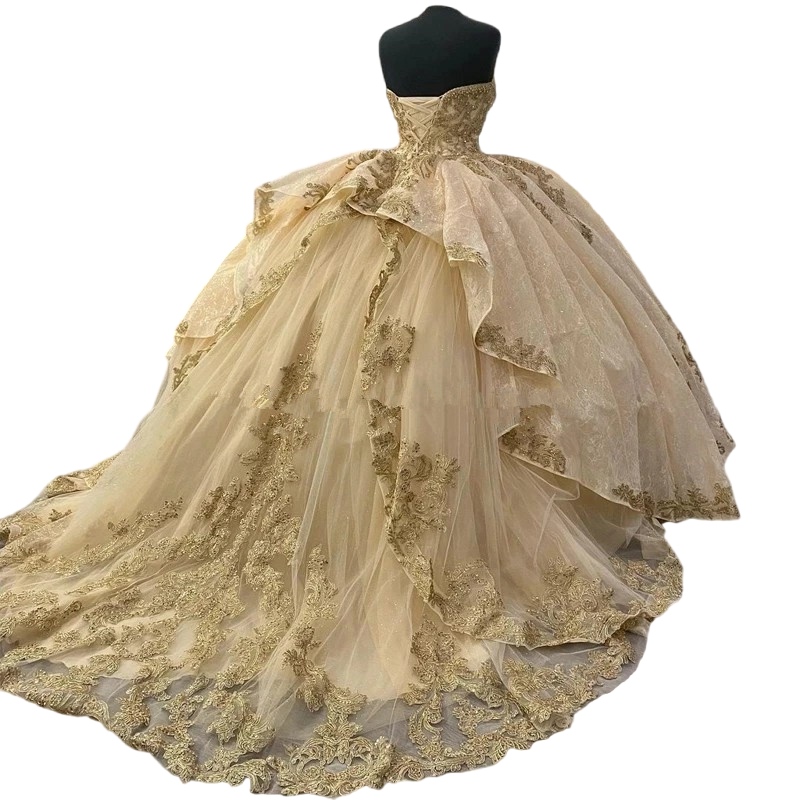 Şampanya Altın Quinceanera Elbiseler Sizli Dantel Aplikler Omuz Dantelli Korse Prenses Promes Vestidos De 15 Anos