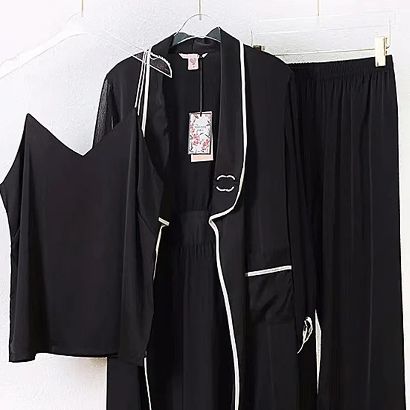 H pijamas roupas de casa roupa interior de seda das mulheres robe três peças camisola confortável pijamas 2 pçs terno manga longa primavera