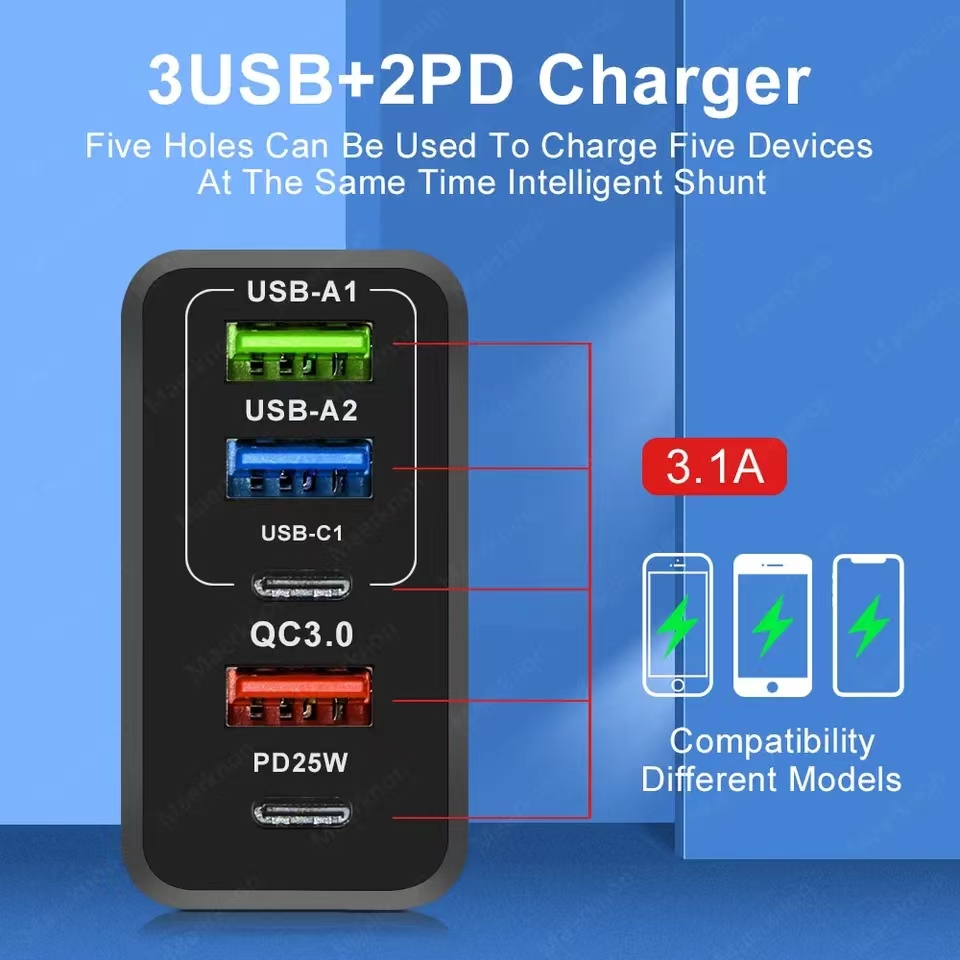 5 Ports 65W GaN Fast Charger PD USB Typ C Telefonladdare Strömadapter för Samsung S22 S21 Xiaomi -surfplatta QC3.0 Snabbladdningsväggladdare