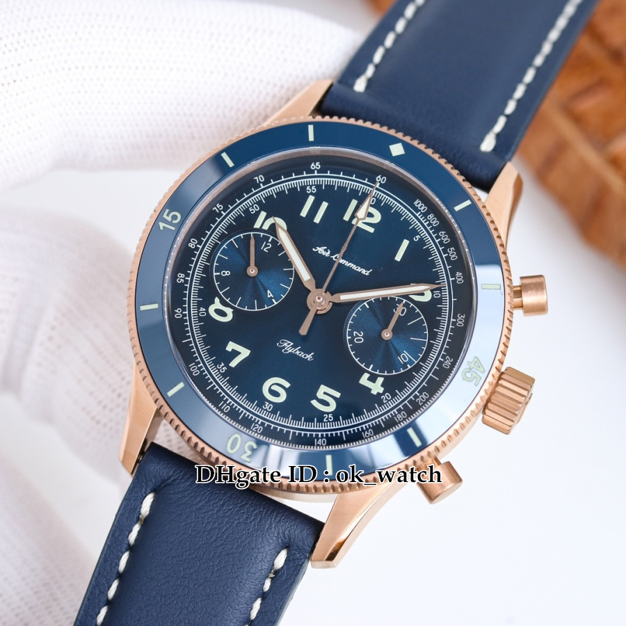 ITF Air Command F388B Montre Homme Chronographe Automatique AC02-36B40-63B Or Rose Céramique Lunette Cadran Bleu Cuir Gents Montres Sport