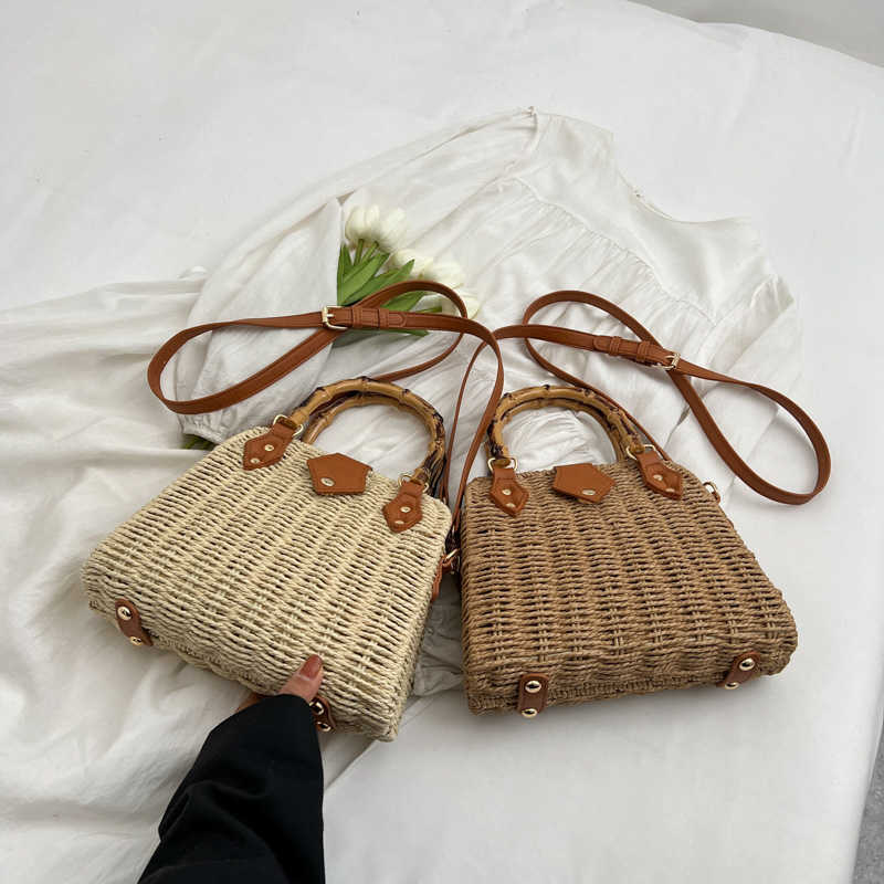 Shoulder Bags Summer Wooden Handle Hand bags for Women Bohemian Beach Bag Lovely Purses and Handbags Designer Messenger Bag Hand Woven Satchel