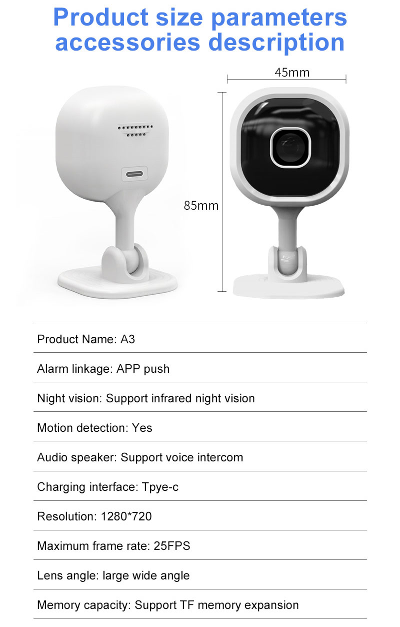 A3 1080p كاميرات الإنذار الداخلية في الهواء الطلق WiFi WiFi Smart Wireless Camcorder Home Security P2P Camera Vision Video Micro Small Cam Mobile Detection Voice Intercom