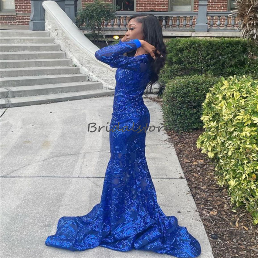 Glitter Blue Paillettes Prom Dress Nero Ragazze Sparkle Scollo a V Manica lunga Sirena Abiti da cerimonia Abiti da sera 2023 Abiti da ballo di compleanno Abiti eleganti Vestidos De Fiesta