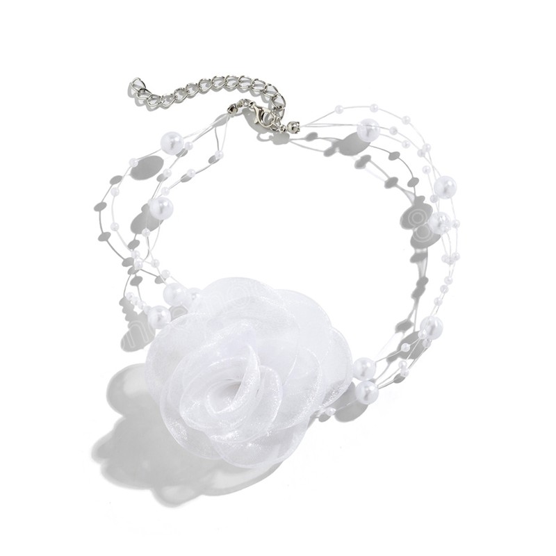 Elegante collana a catena con clavicola a fiore rosa grande bianco donne Wed gioielli con collo estetico in corda di perle d'imitazione