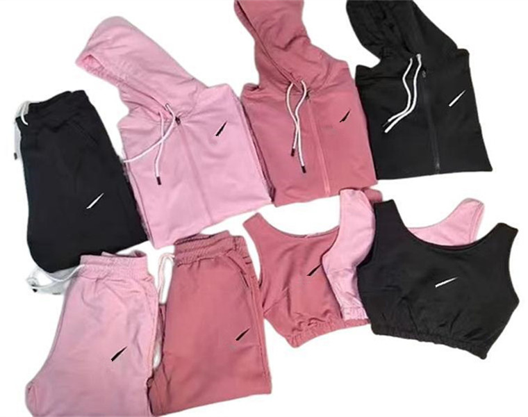 Women Three piece Sports Set Fitness Running Leisure Fall Hooded Long Sleeve Coat Pants Suit