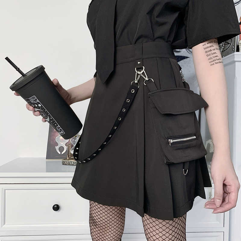 Rokken Harajuku Punk Gothic Black High Taille Women Sexy Patchwork Bandage Mini Female Streetwear W0425