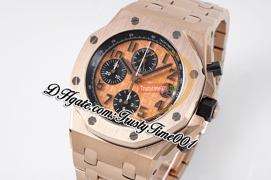 APF 42mm 26470 A3126 Cronografo automatico da uomo Orologio in oro rosa marrone con quadrante strutturato Indici numerici Bracciale in acciaio inossidabile Super Edition trustytime001Orologi