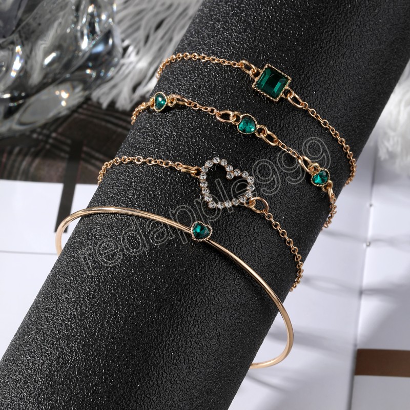 Bracelet en cristal carré en forme de cœur vert pour femmes et filles, couleur or, cadeau pour amoureux, bijoux de fête