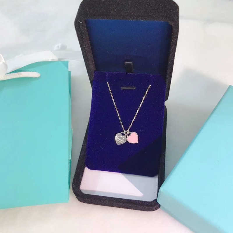 Designer Brand Tiffays word printed enamel Peach Heart Necklace Bracelet Blue Pink Double Pendant clavicle chain