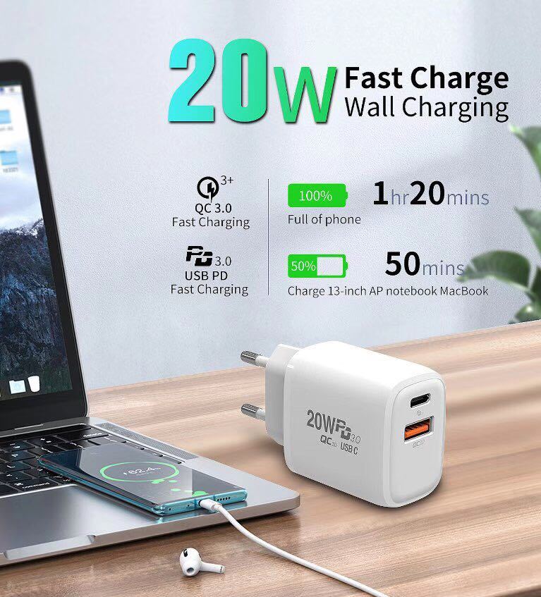 PD 20W Fast Charger Adapter QC3.0 USB C Snabbladdare Dual Ports USB Type C Laddare Väggadapter US EU UK Plug för Apple iPhone 14 13 12 11 Pro Max Opp Bag