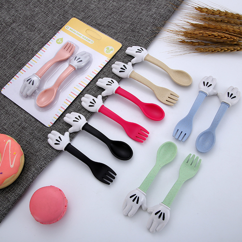 Baby Feeding Fork and Spoon Cartoon Palm Baby Flatware Feeding Spoon Kids Learning Eating Spoon