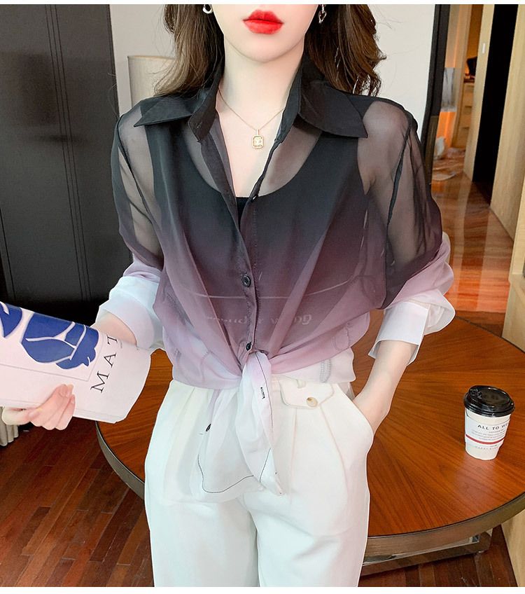 Women's new design blouse turn down collar gradient color perspective loose chiffon thin shirt SMLXLXXL3XL