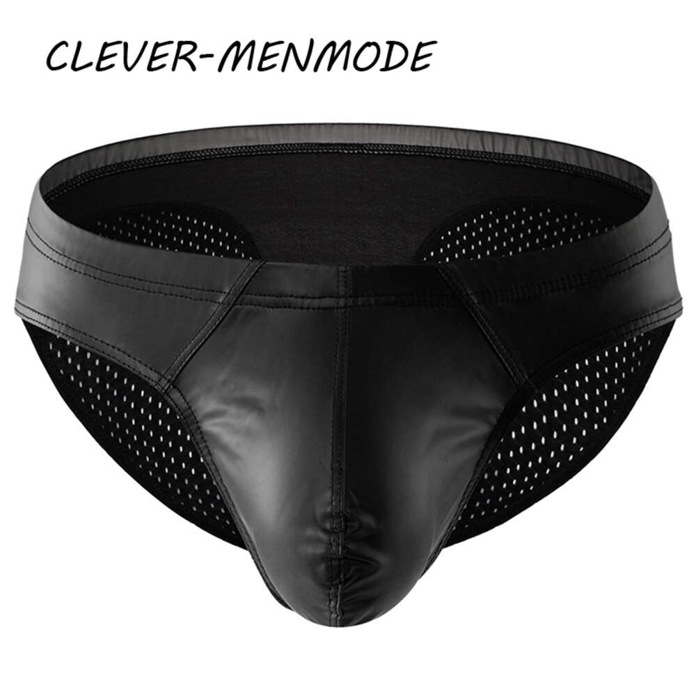Men S SEXY PU LEATHER PANELED BROBES LOW RISE BEACHABLE Underwear Big U Convex Panties Bag G String Mesh Bikini