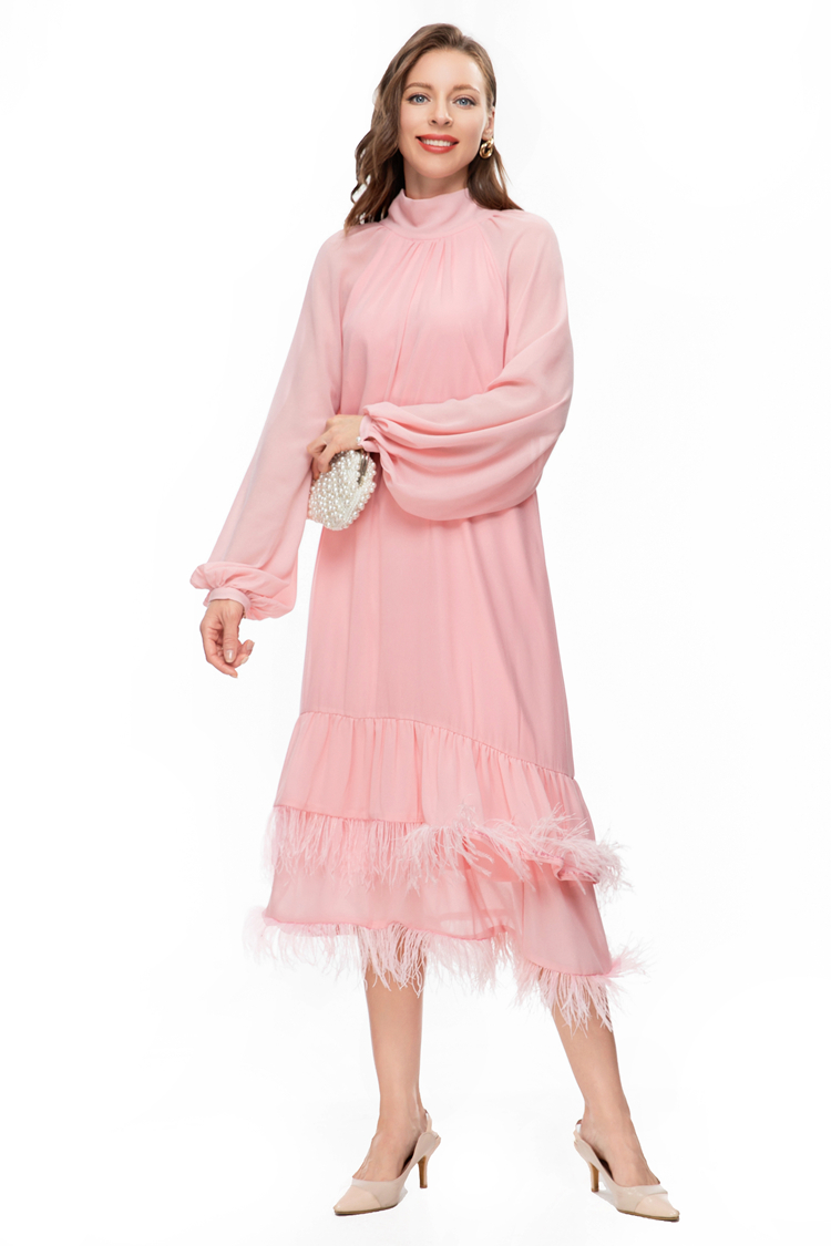 Women's Runway Dresses O Neck Long Lantern Sleeves Feather Tassels Tiered Ruffles Fashion Designer High Street Vestidos