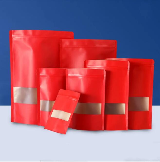 Partihandel tjockt rött kraftpapper står upp självtätningspåsar med fönster värme tätbar godis kaffesnacks hantverk papper paket påsar