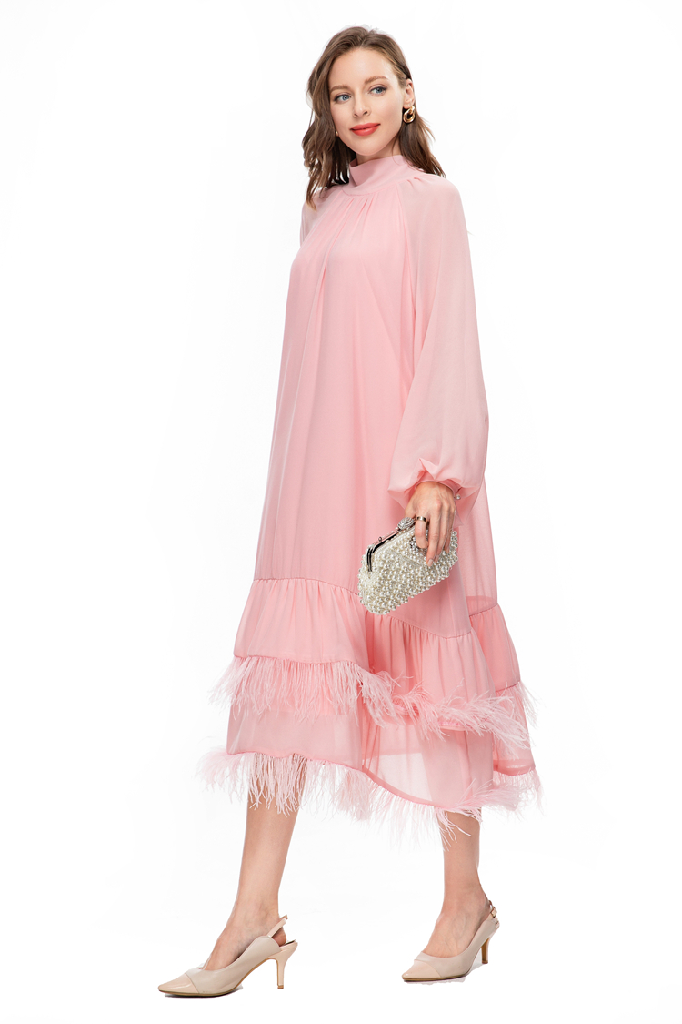 Women's Runway Dresses O Neck Long Lantern Sleeves Feather Tassels Tiered Ruffles Fashion Designer High Street Vestidos