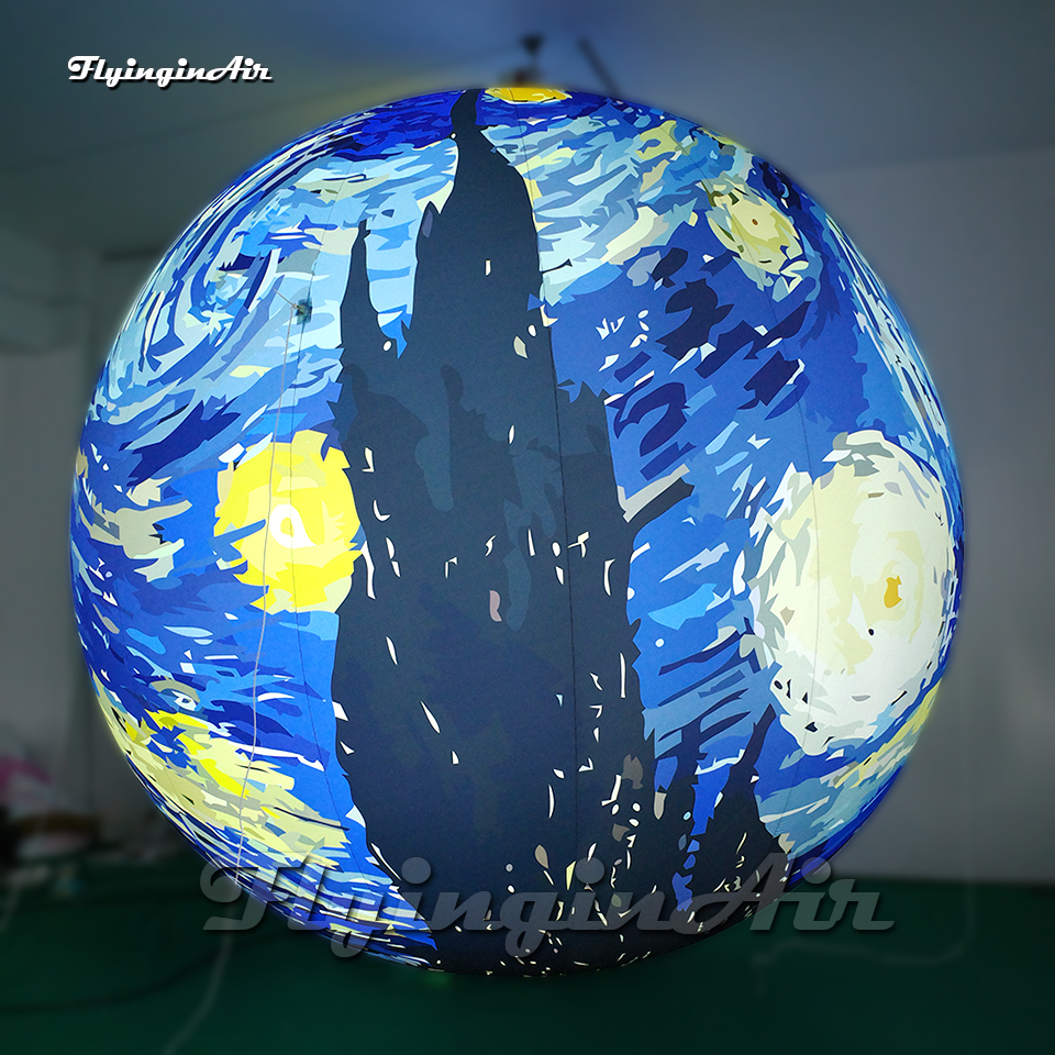 Fantastique Ballon Gonflable Suspendu Illuminé Boule Artistique Grande Sphère Avec La Peinture À L'huile De Van Gogh Du Ciel Étoilé Pour L'événement