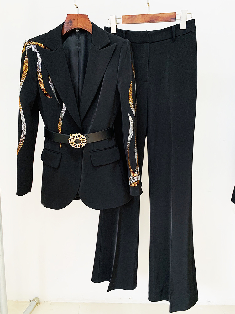 BC04 Black Pant Suits with Rhinestone 2023 New Color Hot Drill Blazer Belt Suit Diamond Crystal Slim Flare Pants 2 조각 의상