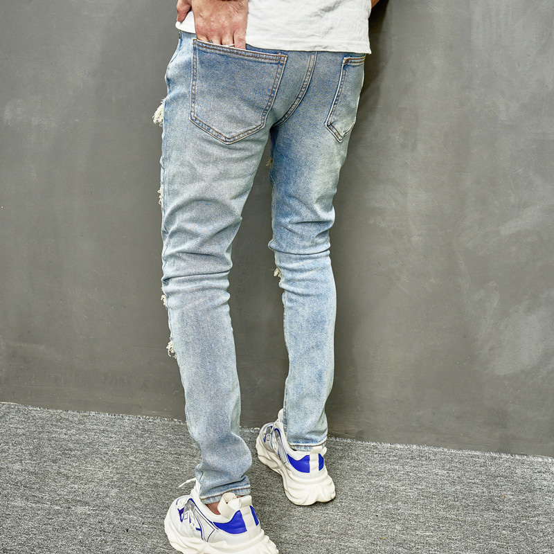 Skinny jeans voor heren Casual slanke bikerjeans Denim Patchwork Distressed Scratched Bleached Kwast hiphop Gescheurde broek Gewassen potloodbroek 17B1