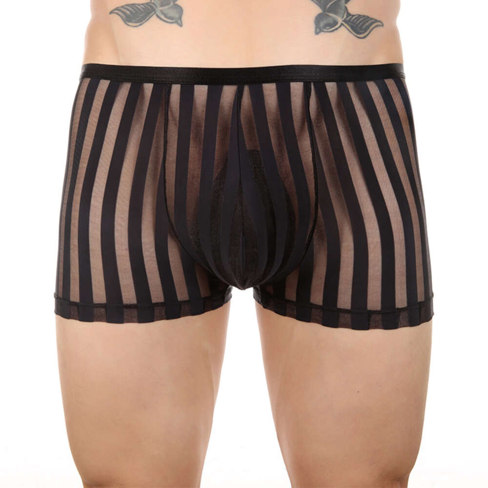 Men's Sexy Underwear See Through Transparent Striped Boxer Shorts Breathable Mesh U Convex Bulge Pouch Panties