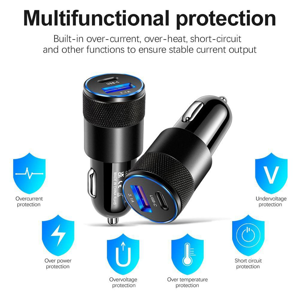 Dual Port PD 20W QC3.0 Quick  3.1A USB Type C Car  Cellphone Adapter For iPhone 14 13 12 11 Pro Max with Retail Box