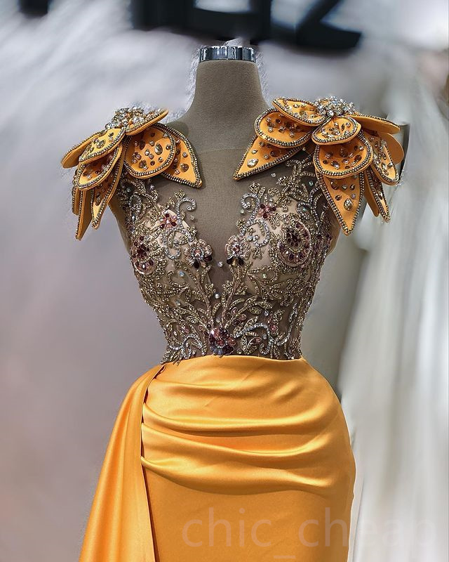 2023 April Aso Ebi Mermaid Yellow Prom Dress Crystals Beaded Satin Evening Formal Party Second Reception Birthday Engagement Gowns Dress Robe De Soiree ZJ649