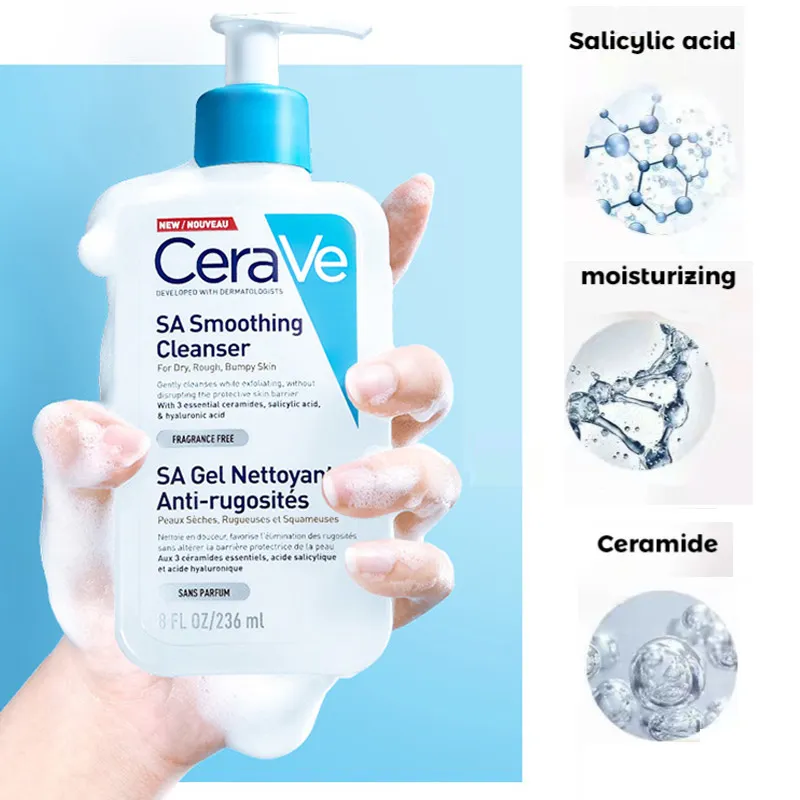 Gel de baño 236ml Cerave SA Limpiador suavizante Limpiador espumoso hidratante Loción hidratante 8fl.oz Gel de tratamiento correcto para el cuerpo y la cara sin fragancia Envío rápido