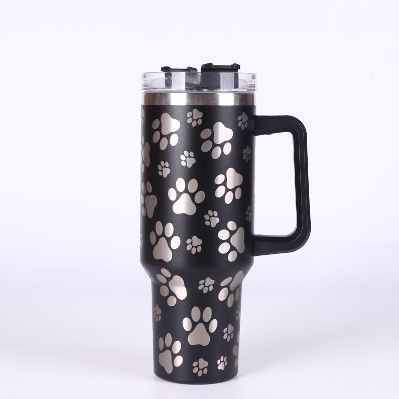 40 onças de pata de cachorro copo com maçaneta e palha de aço inoxidável de aço de aço de onda de leopardo caneca caneca pata de gato tumbler de copos isolados mantêm bebidas frias