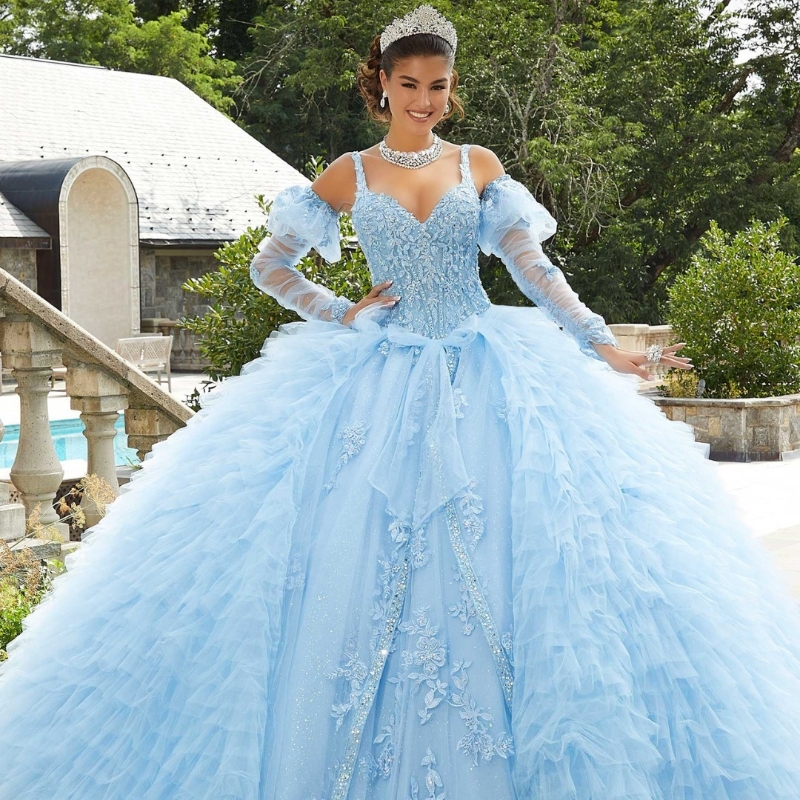 Hemelsblauwe Quinceanera Jurken Prinses Sweet 16 Years Girl Verjaardagsfeestje Jurken Applicaties Kant Kralen Tull Tiered Vestidos De 15 Quinceanera