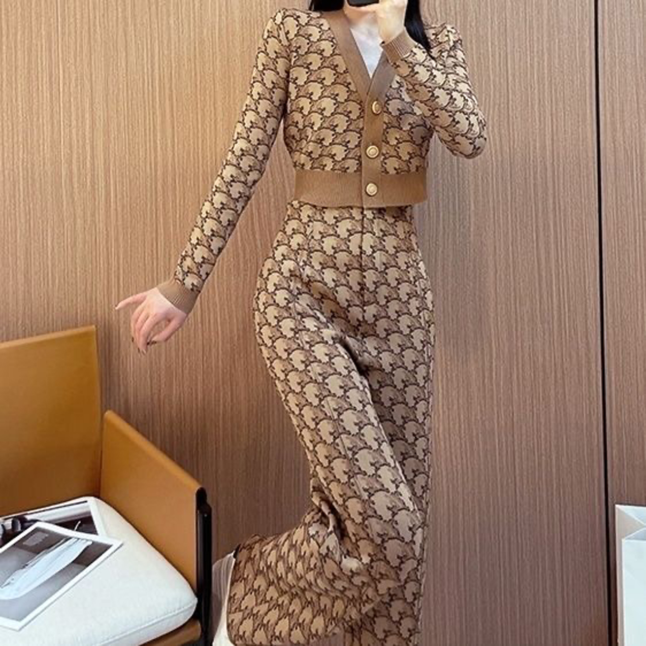 moda luksusowe swetry Style Designer Dwa kawałki Jacquard Autumn Kici Knit V szyja topy