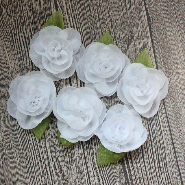 2.3" Chiffon Fabric Flowers With Leaf For Baby Girls Children Hair Flowers DIY Flowers Accessories Wedding Decoration