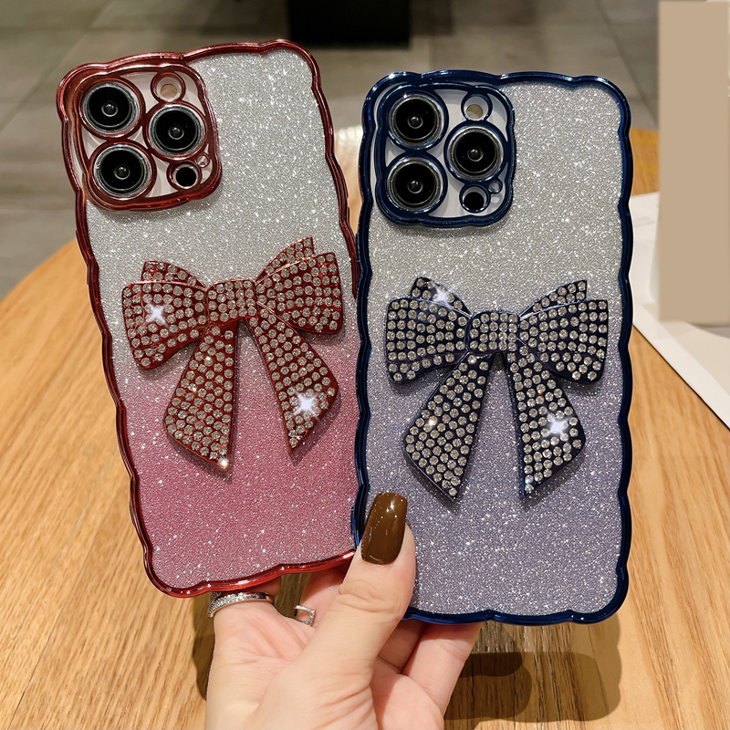 Bowknot Bling Gradient Glitter Wave Estuches para Iphone 15 14 Plus 13 12 11 Pro Max Luxury Bow Diamond Cromado Metálico Claro Suave TPU Agujero fino Cubierta de teléfono cromada