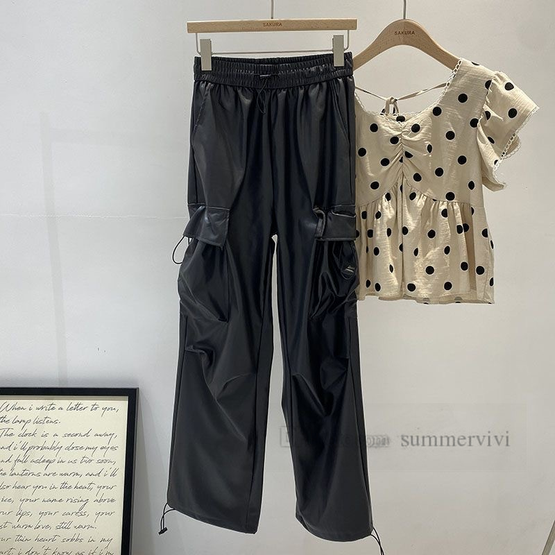 Pantalons en cuir PU pour grands enfants, automne hiver, vieilles filles, plus de poches, pantalons cargo amples, pantalons élastiques taille haute à jambes larges pour adolescents Z5604