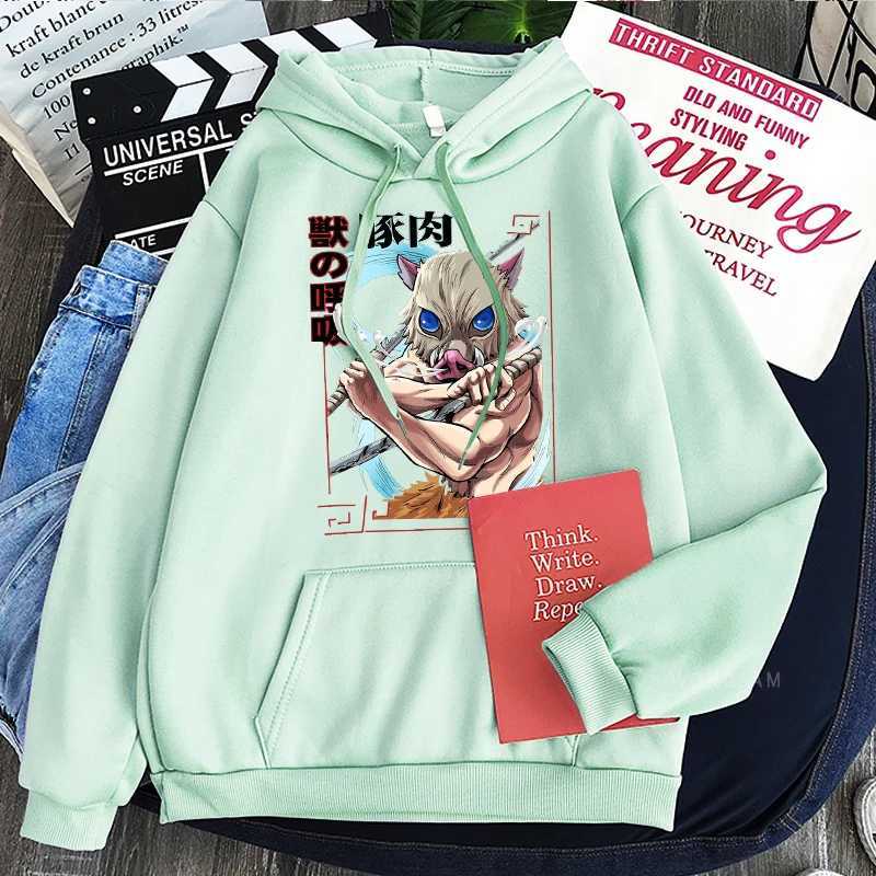 Kadın Hoodies Sweatshirts Demon Slayer Anime Harajuku Hoodies Serin dövüş inosuke Hashibira Beef of the Beast artı Beden Sıradan Erkekler Kış Sweatshirt