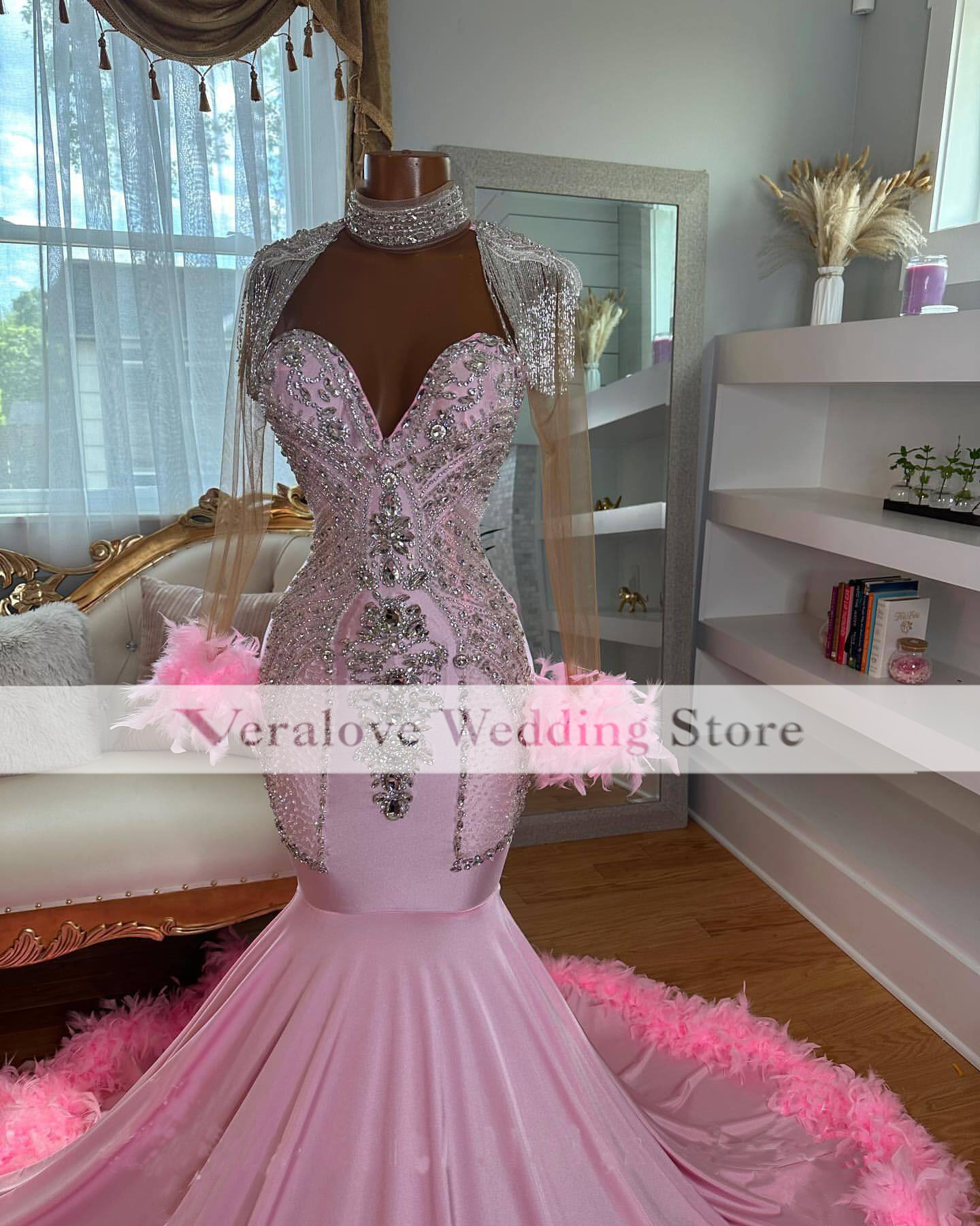 Pink Diamond Prom Dresses With Feathers 2024 Rhinestone Mermaid Evening Dress Long Sleeves Vestidos Graduacion Party Gowns