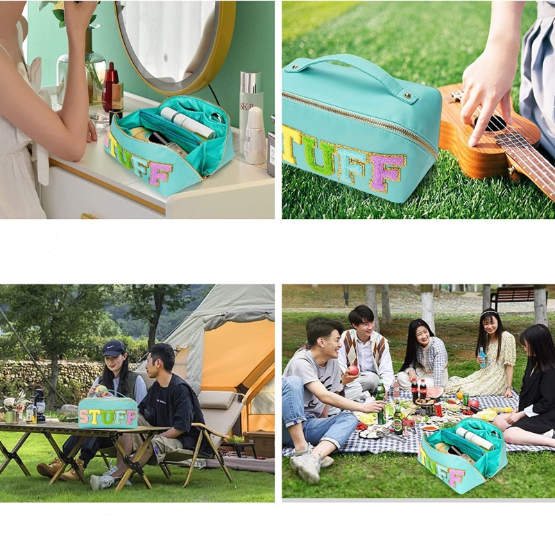 Stuff Makeup Bag Large Capacity Travel Cosmetic Bag Portable Travel Chenille Letter Bag with Handle Flat Lay Makeup Bag for Women