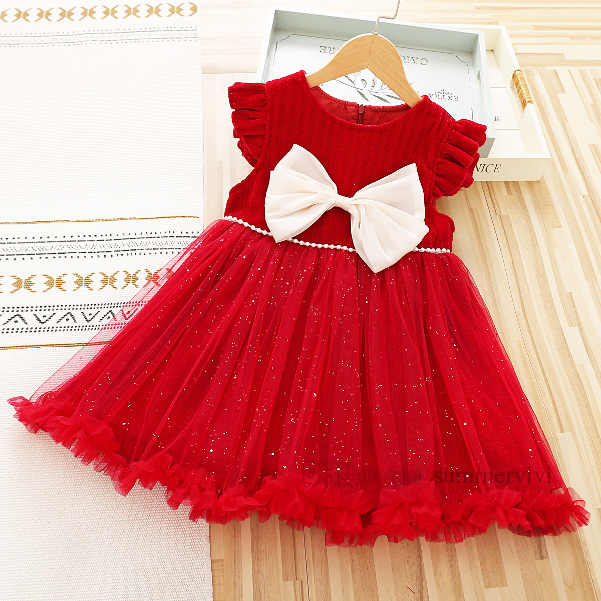 Xmas children princess clothes sets girls falbala fly sleeve Bows belt sequins lace tulle dress bottoming shirt christmas kids warm winter outfits Z5599