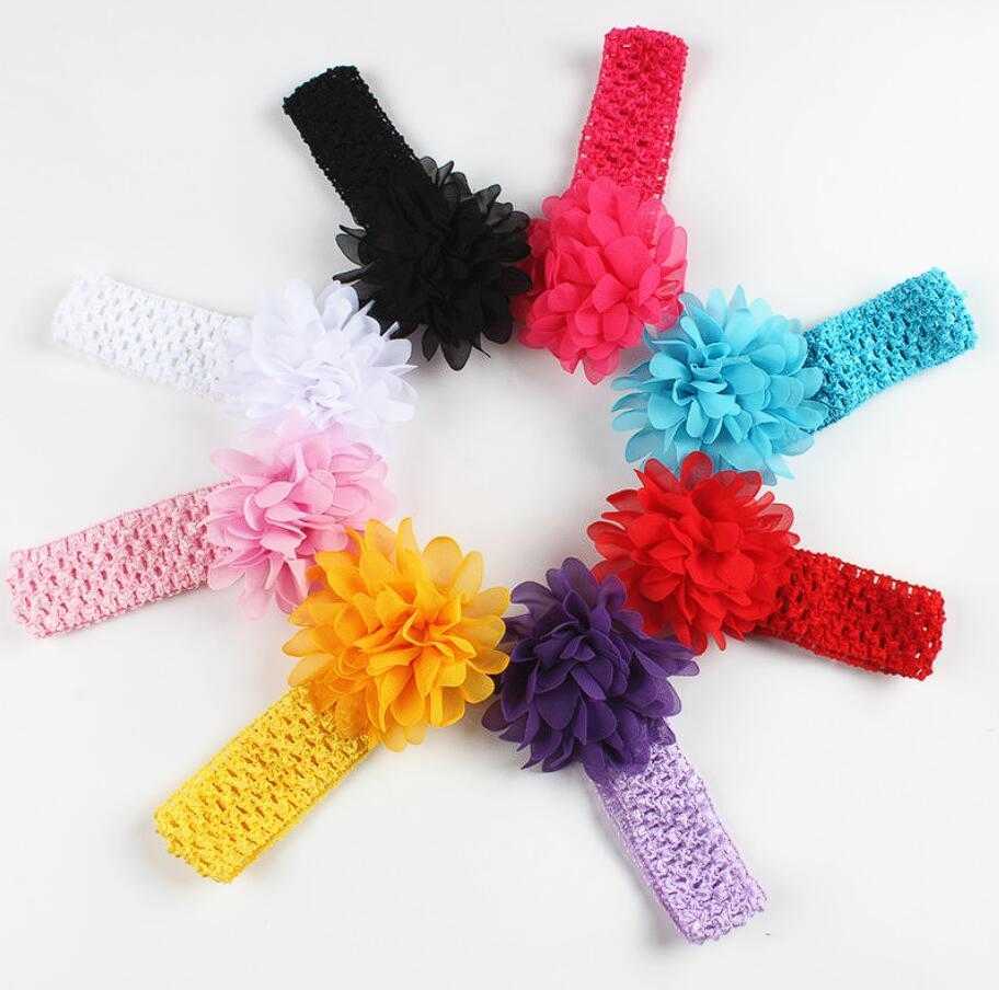 Chapeaux 50 pièces bébé tête fleur accessoires de cheveux 4 pouces fleur en mousseline de soie avec des bandeaux de crochet élastiques doux bande de cheveux extensible GZ7857