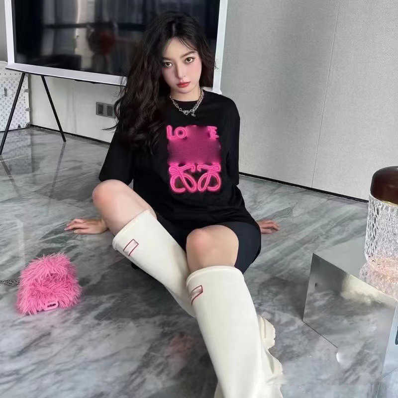 Womens Designer t shirt tracksuit Correct Spring Street Luojia 23SS Neon Embroidery Lazy Fluorescent Pink OS Loose Sleeve T-Shirt