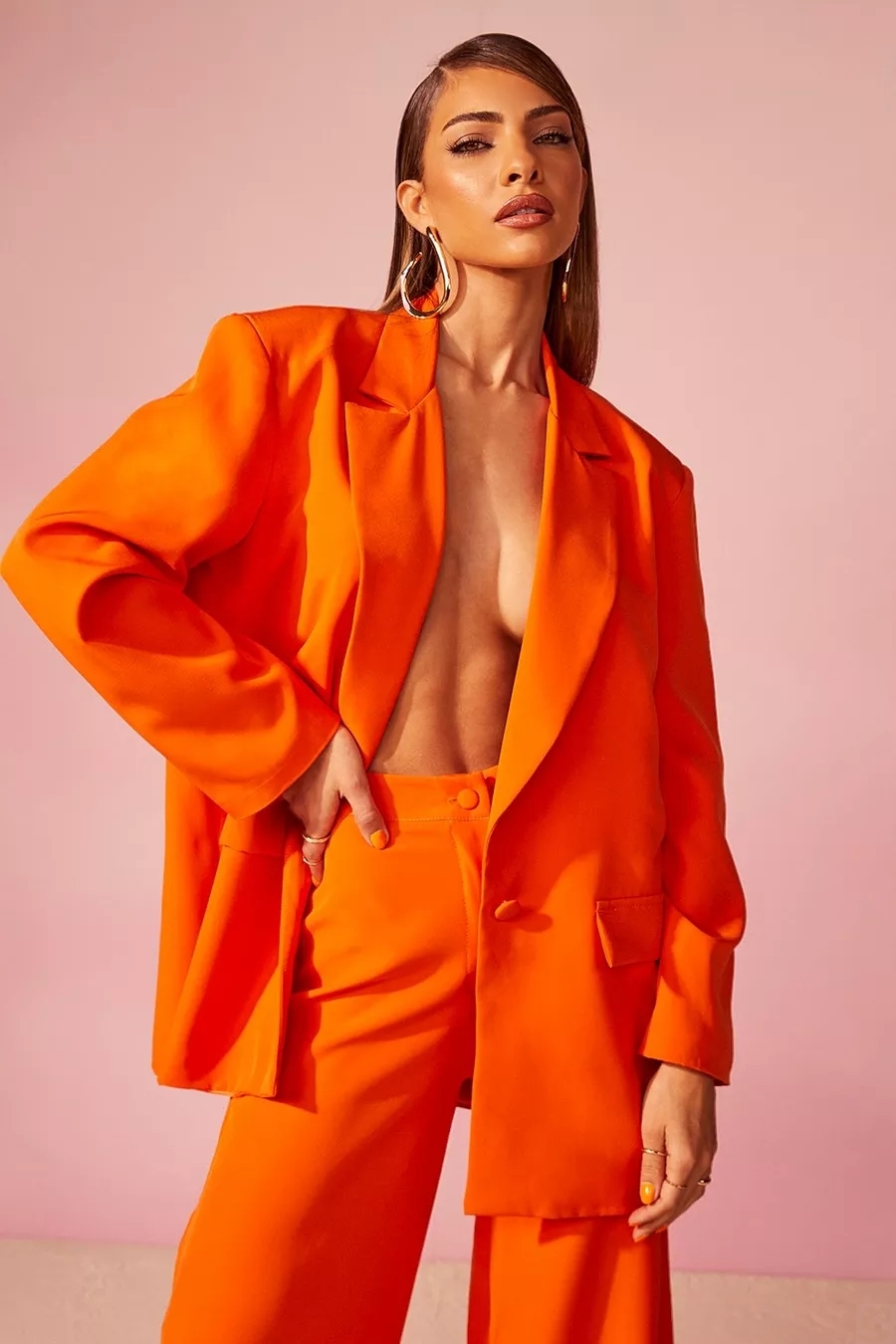 Zomer oranje losse damesbroekpakken Set super lange blazer wijd been op maat gemaakte modekantoor dame feest prom jurk