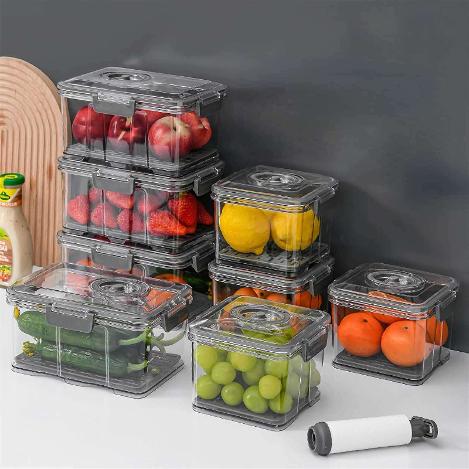 Conteneur de rangement d'aliments sous vide Organisateur de réfrigérateur transparent avec vidange de grande capacité de grande capacité pour la boîte de rangement de cuisine