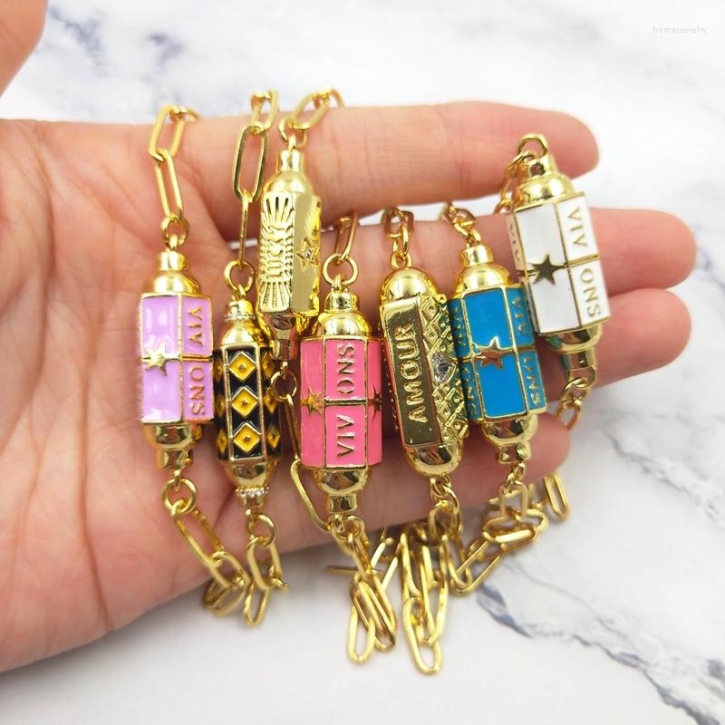 Link Bracelets Vintage Dripping Oil Colorful Hexagon Star Words Letter Pendant Bracelet Charm Fashion Cute Style For Men Women Handmade