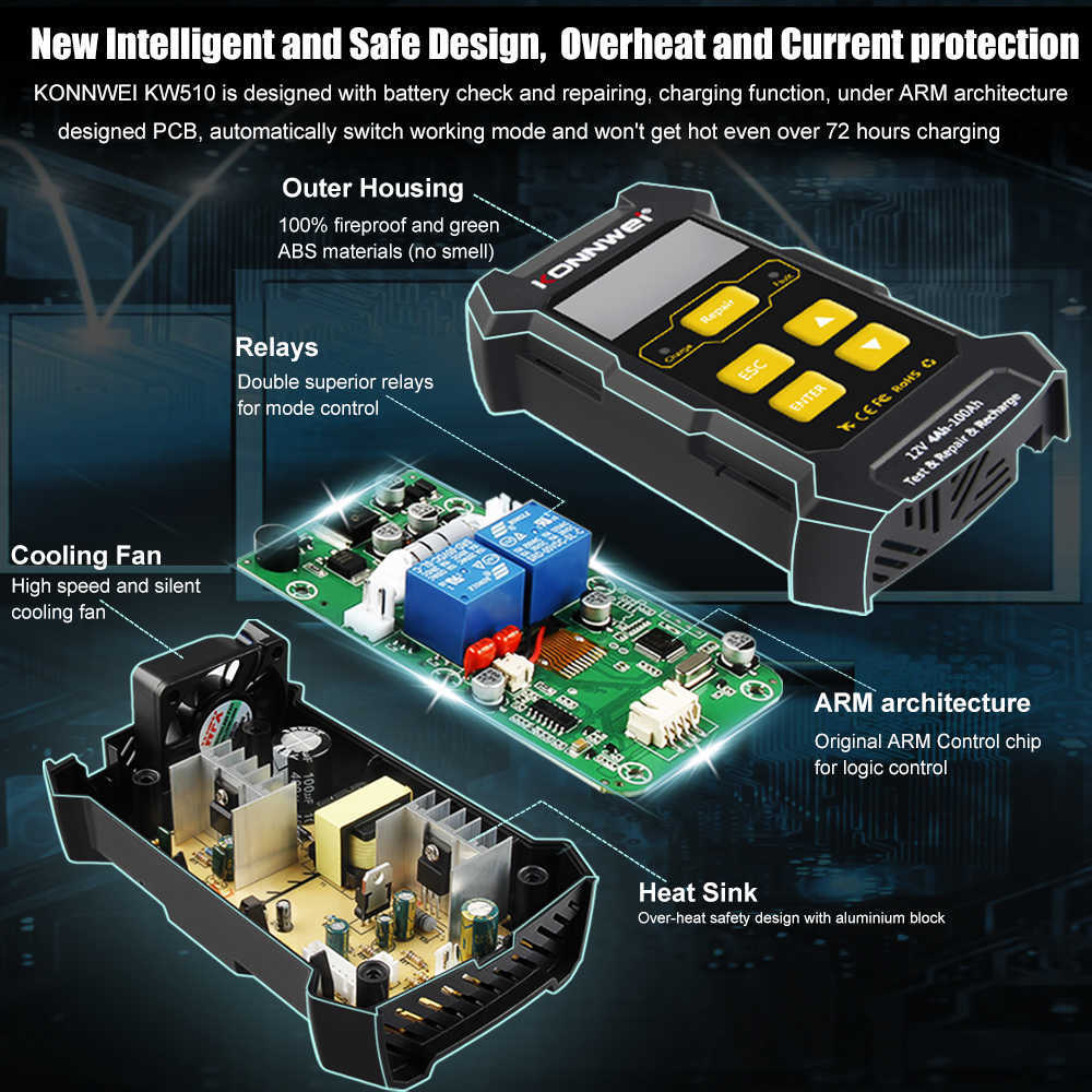 Новый Konnwei KW510 12V 5A Полный автоматический автомобильный аккумулятор для ремонта импульса импульса зарядное устройство с влажным сухим свинцовым кислотным для ремонта батареи.