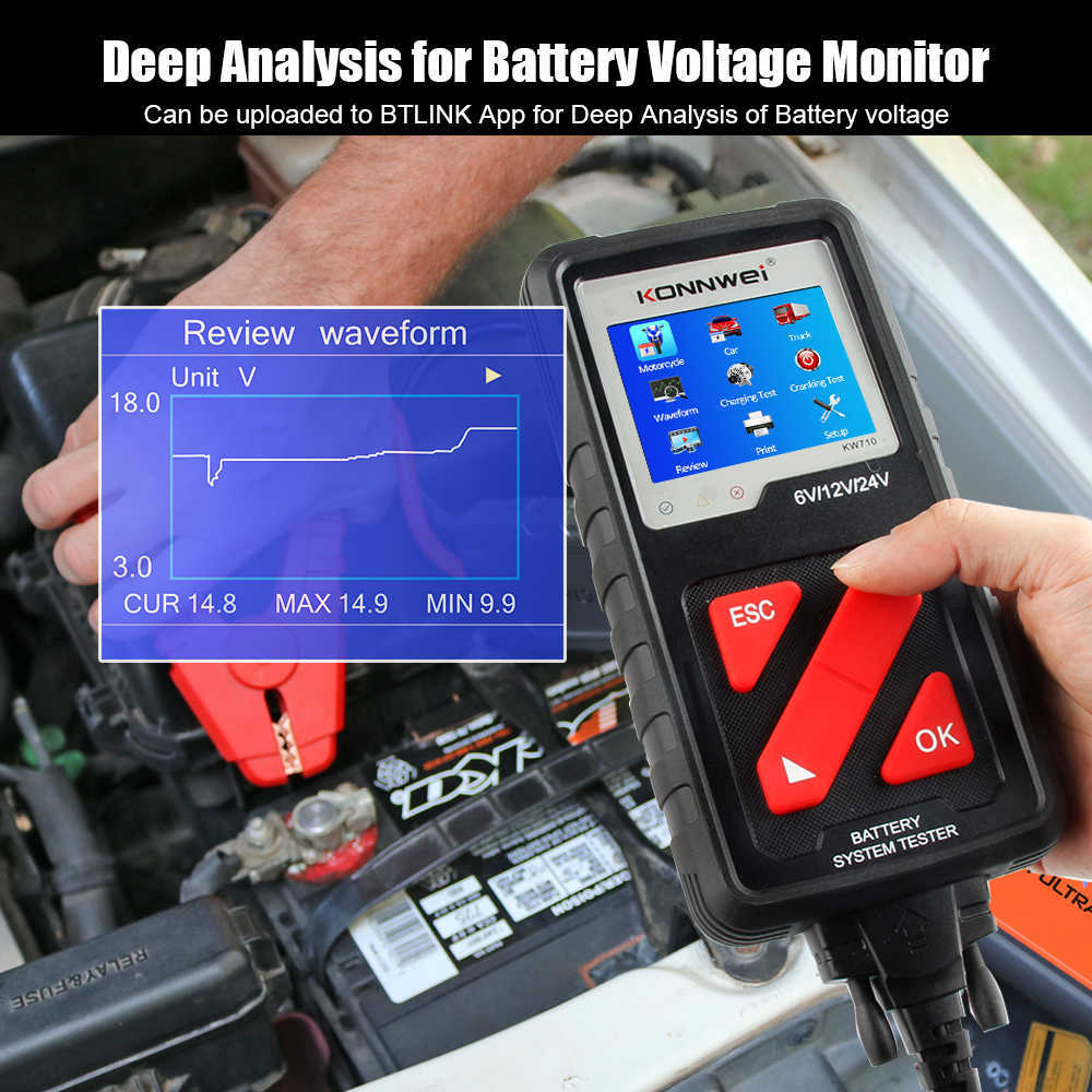 Ny Konnwei KW710 Motorcykelbilbil Batteri Testare 6V 12V 24V Battery Analyzer 2000 CCA Laddningsvevningstestverktyg för bilen