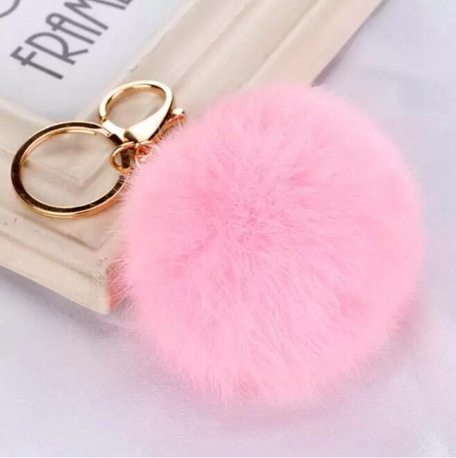 Portachiavi con palla di pelo di coniglio 8 cm Portachiavi in metallo dorato adorabile morbido Palla Pom Poms Portachiavi in peluche Portachiavi auto Anelli borsa Regalo DHL