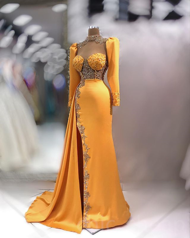 2023 April ASO EBI Amarelo Mermaid PROM Vestido Cristais de renda da noite Festa formal Party Second Recepção Vestidos de noivado de aniversário Robe de Soiree ZJ647