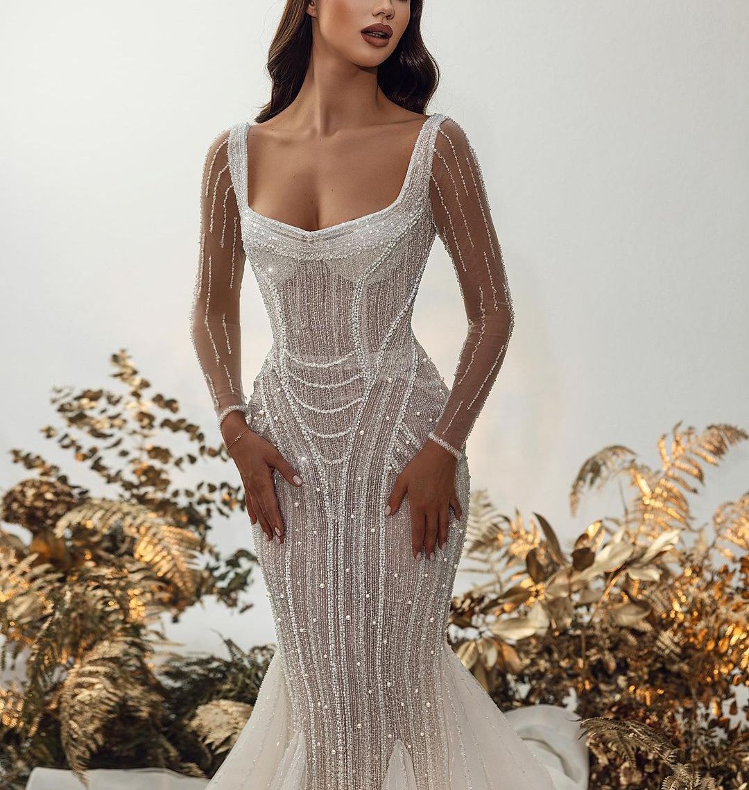 Sexy Mermaid Prom Dresses Long Sleeves Bateau Appliques Sequins Beaded Floor Length Diamonds 3D Lace Hollow Pearls Evening Dress Bridal Gowns Plus Size Custom Made