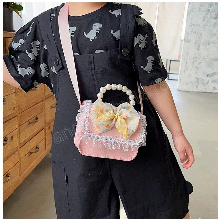 Piękny łuk mała kwadratowa torba na ramię Pearl Rączka Baby Messenger Bags Princess Girls Akcesoria torebki torebki monety