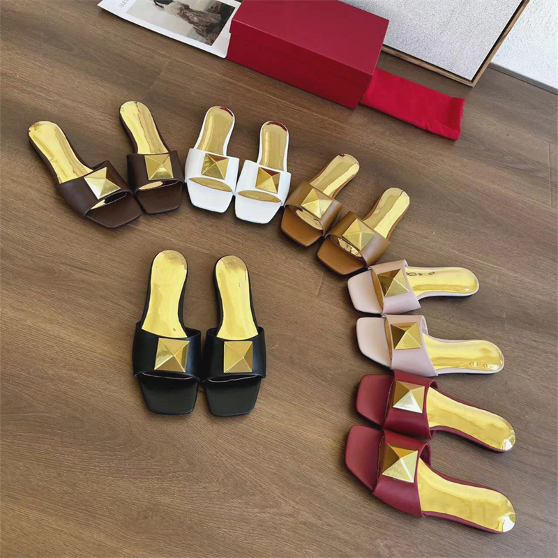 Summer leather mid-heel women's slippers Fashion all-match sexy women's Sandals Buckle Hotel one line soft drag with box Large size 35-43