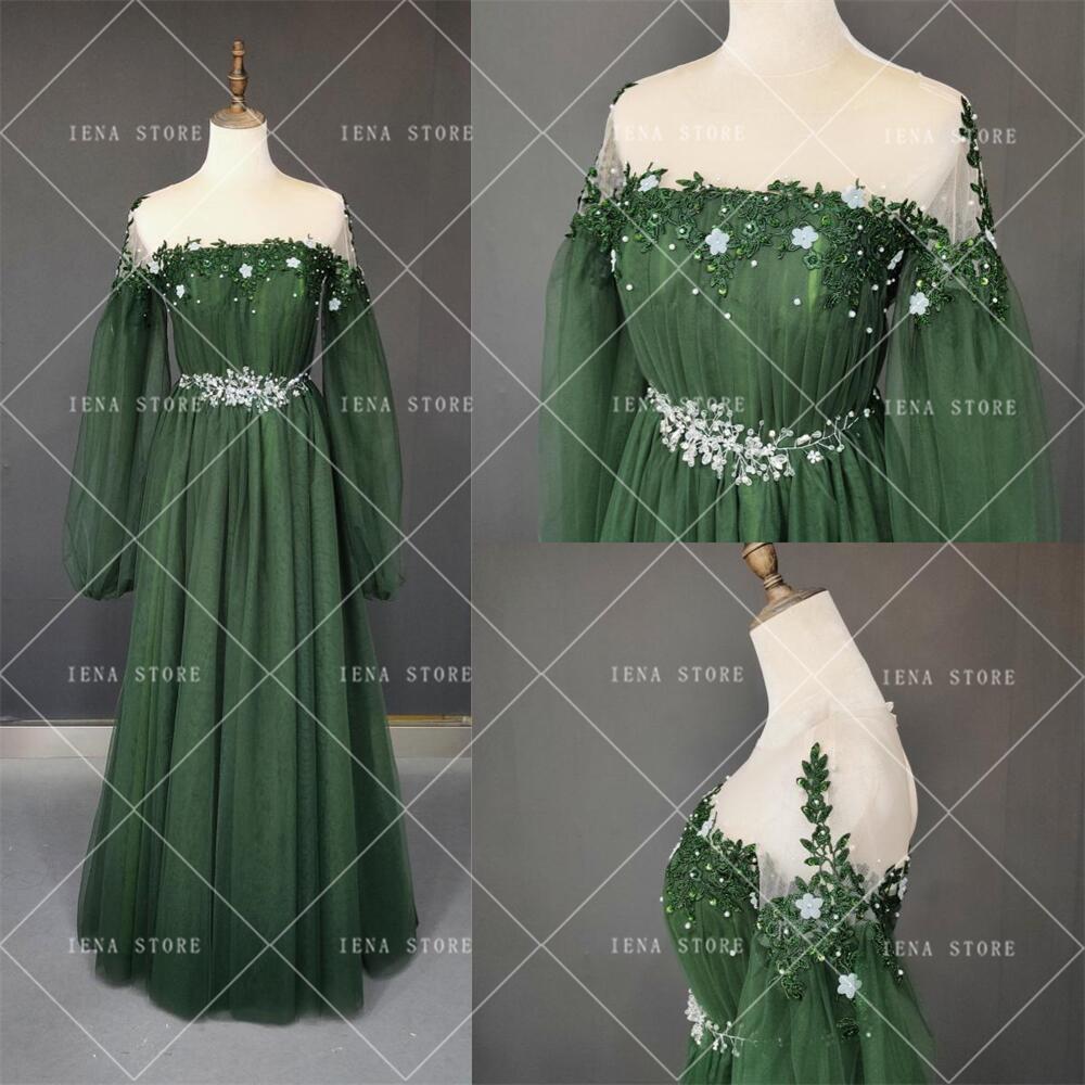 14554#Tiul z długim rękawem A-line miętowe zielone suknie balowe aplikacje Kwiaty Vestidos de Festa Longo Formal Evening Dress Pearle